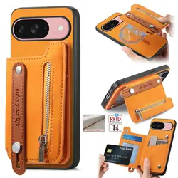 Premium Magnetic Leather Zipper Wallet Phone Case with Strap and Card Slots - Google Pixel 8A (Orange)