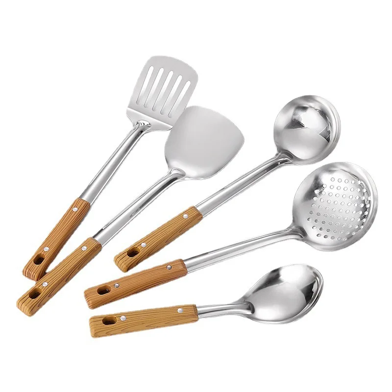 Kitchen Utensils Set Stainless steel anti-scalding handle spatula spoon colander imitation wood grain kitchen utensils set kitchen household cooking