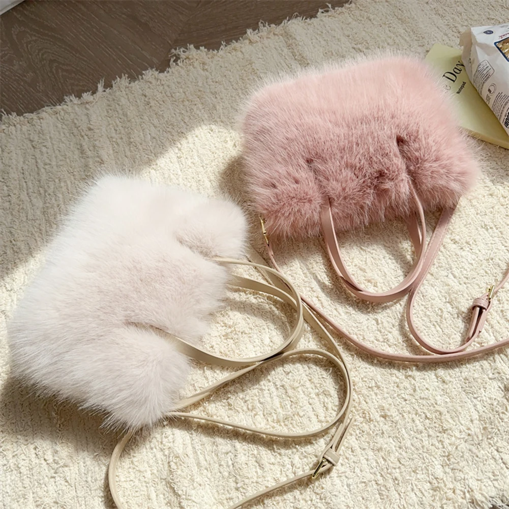 Women Faux Fur Shoulder Bag Adjustable Strap Clutch Purse Solid Color Mini Tote Bag Satchel Purse for Travel Party