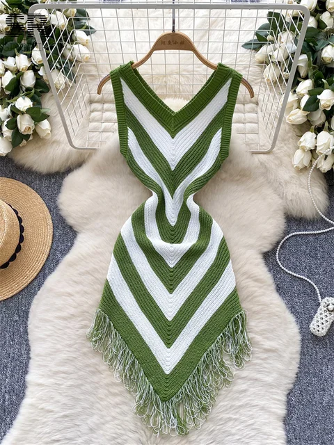 SINGREINY Summer Argyle Pattern Knitted Dress Sleeveless 2025 Fashion Irregular Woman Vintage Multicolor Tassel Vacation Dresses 1