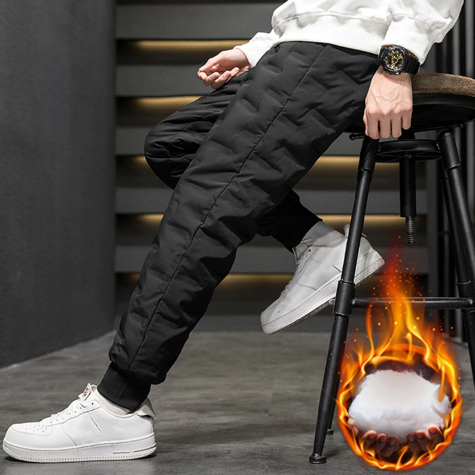Mens Winter Pants Relaxed Fit Thicken Cotton Padded Windproof Snow Pants Daily Shopping Wear