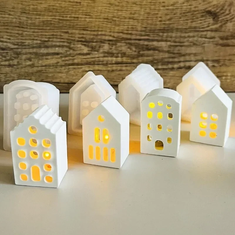 Silicone Mold 4PCS Mini White House Pendant Aromatherapy Gypsum Christmas House Candle Holder Ornament