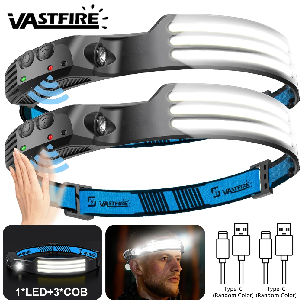VASTFIRE COB LED Headlamp Induction Sensor, Rechargeable Built In Battery Outdoor Fishing Headlight