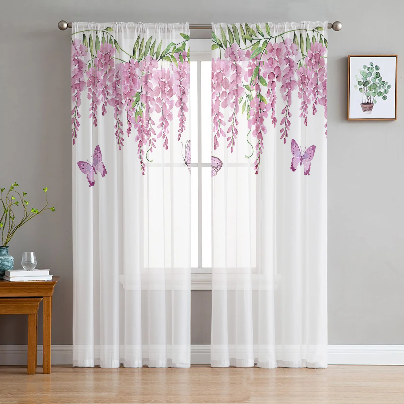 

Spring Watercolor Pink Wisteria Flowers Sheer Curtains for Living Room Modern Home Decor Tulle Curtain Bedroom Voile Drapes