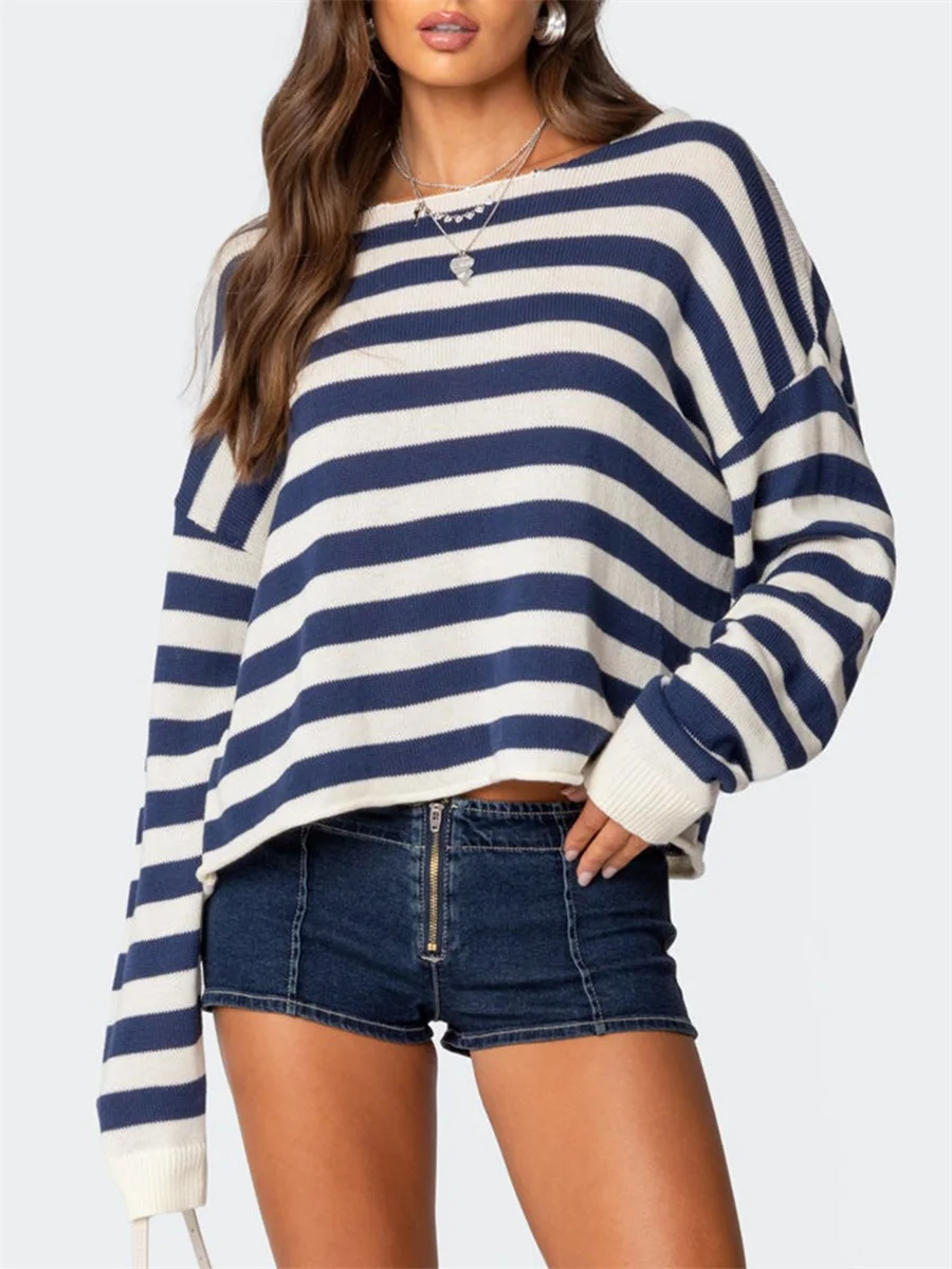 Women s Cozy Oversized Knit Pullover Sweater with Ribbed Round Neckline and Stylish Striped Design for Fall Winter Casual Wear