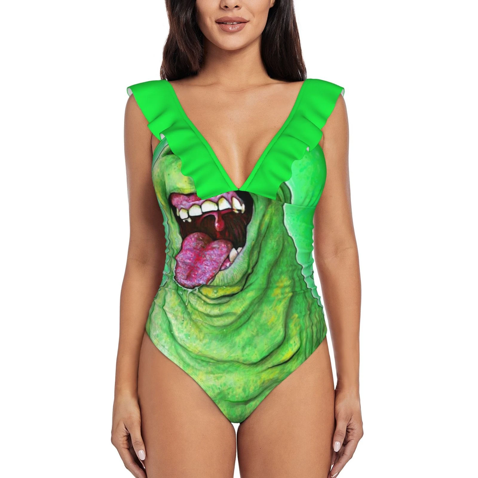Slimer Ghostbusters Women Ruffle One Piece Swimsuit Sexy Bodysuit Monokini Swimwear Bathing Suit Slimer Ghostbusters 80s One Piece Suits Aliexpress
