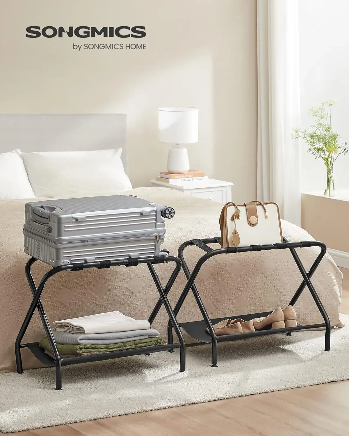 Luggage Racks, Set of 2, Suitcase Stand with Fabric Storage Shelf, for Guest Room, Bedroom, Hotel, Foldable Steel Frame