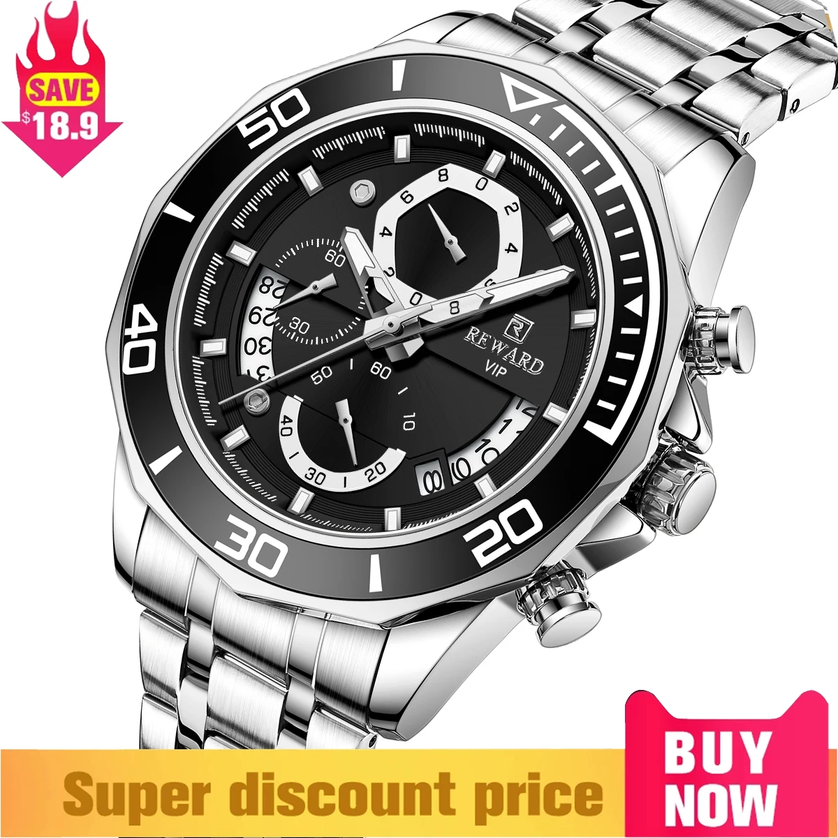 

REWARD Mens Watches Fashion Black Business Stainless Steel Wristwatch Waterproof Luminous Chronograph Calendar Quartz Watches