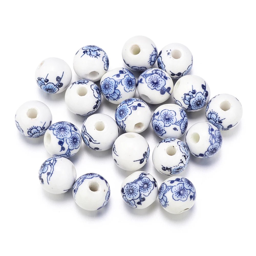 Set of 50 Round Floral Ceramic Porcelain Beads