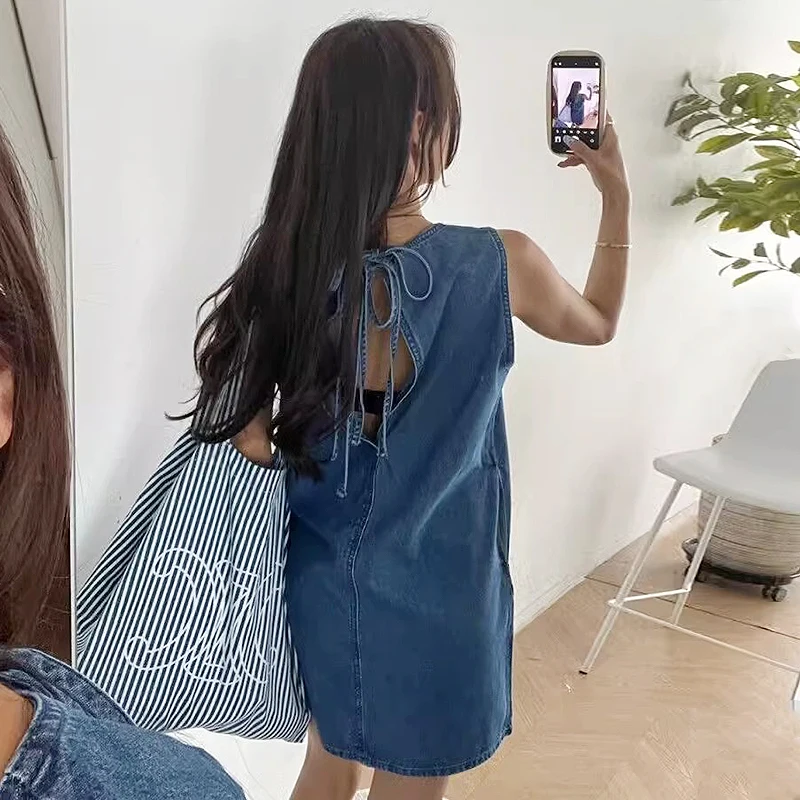 Summer New Retro Blue Denim Dr Slimming High Waist round Ne Svel A-Line Skirt Korean Sle Women's Faion Dr