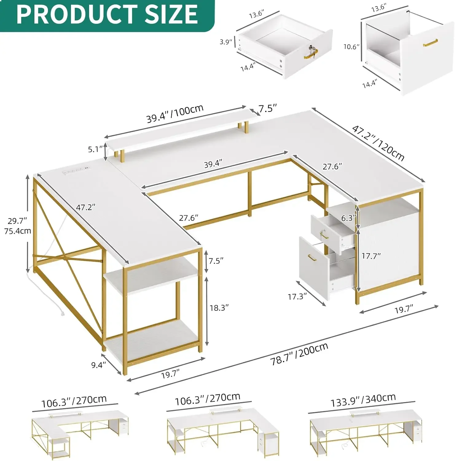 U Shaped Desk with Drawers, 79" Reversible L Shaped Desk with Power Outlets & LED Lights, Corner Computer , White & Gold