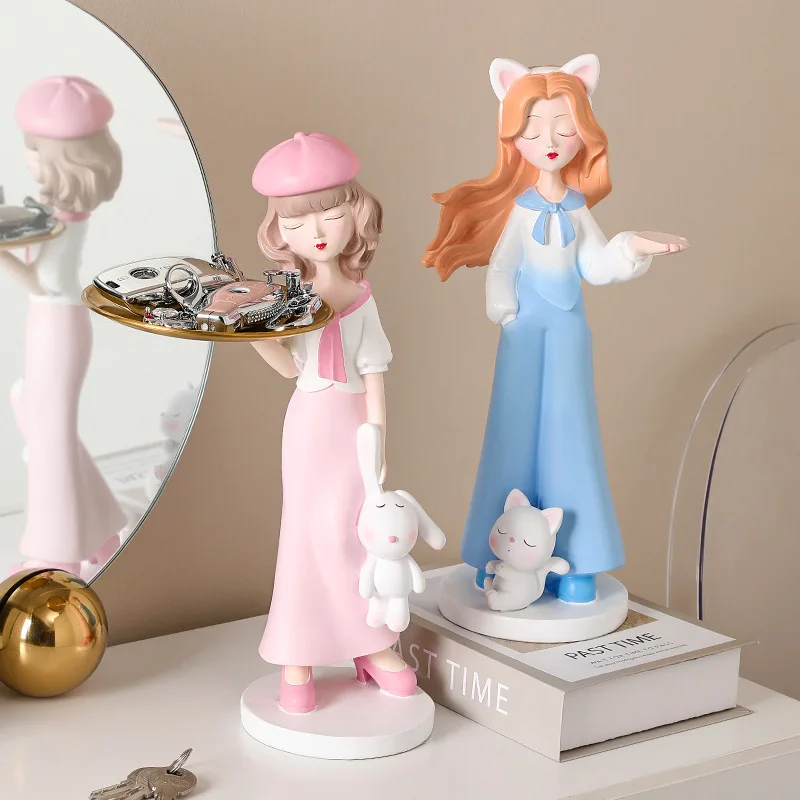 Modern Girl Sculpture with Tray Storage Ornaments Desk Decoration