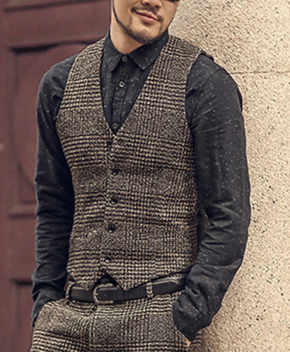 

Mens Suit Vest Slim Fit V Neck Houndstooth Brown Grey Single-breasted Waistcoat Casual Formal Business Groomman For Wedding