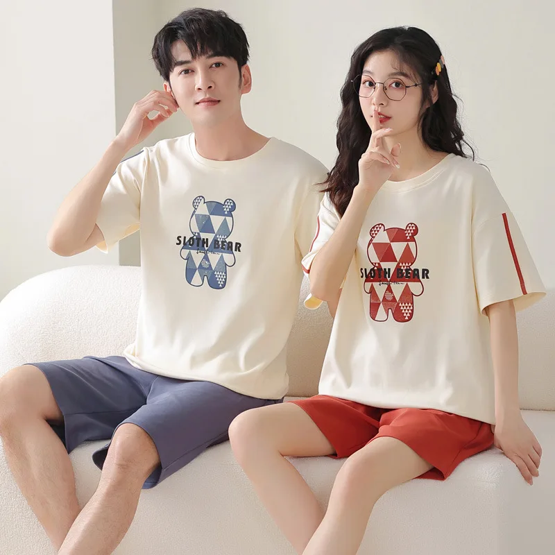 New Summer Cotton Short Sleeve Women Pajamas Set Couple Pijamas Lover Round Neck Short Pants Sleepwear Men Home Clothes Dropship