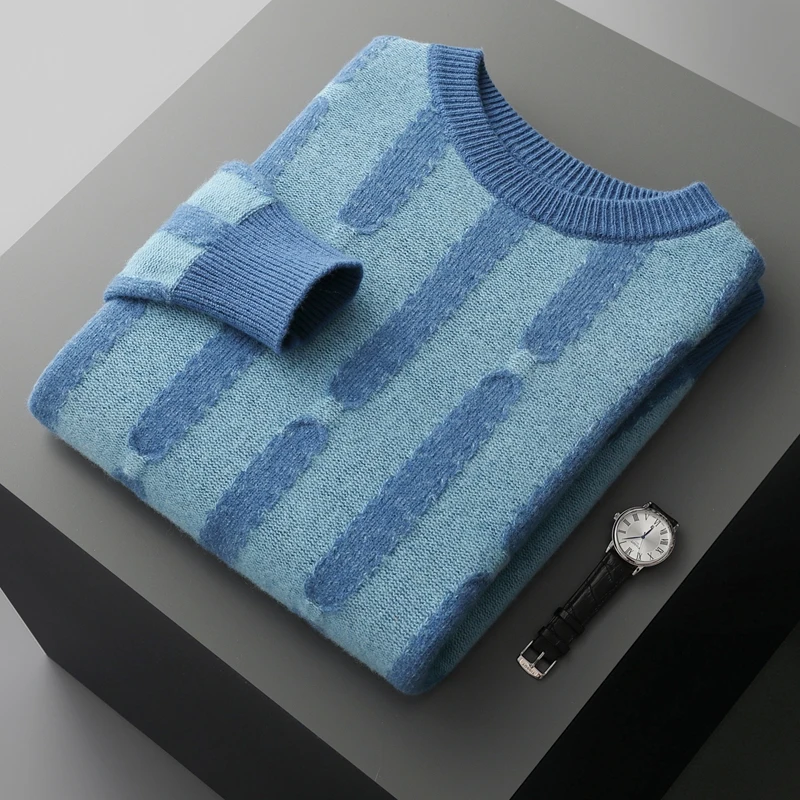 Autumn and winter men's 100% merino wool loose O-neck color matching striped pullover sweater casual cashmere knitted bottoming 3