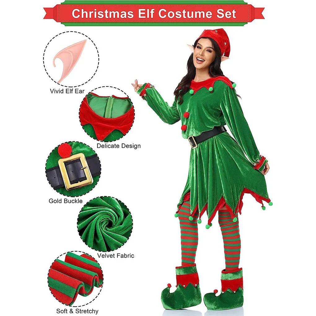 Świąteczny Strój Świętego Mikołaja Zielony Elf Cosplay Rodzinny Karnawał Impreza Halloween Przebranie Zestaw Ubrań Dla Mężczyzn Kobiet Dziewcząt Chłopców