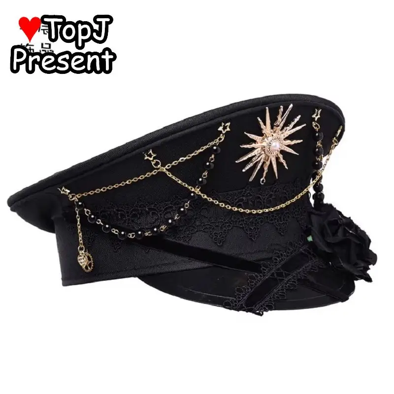 Women Lolita Y2k Steam Punk Gothic Harajuku Subculture Spicy Girl Lace Chain Black Red Blue Rose Halloween Performance Props Hat