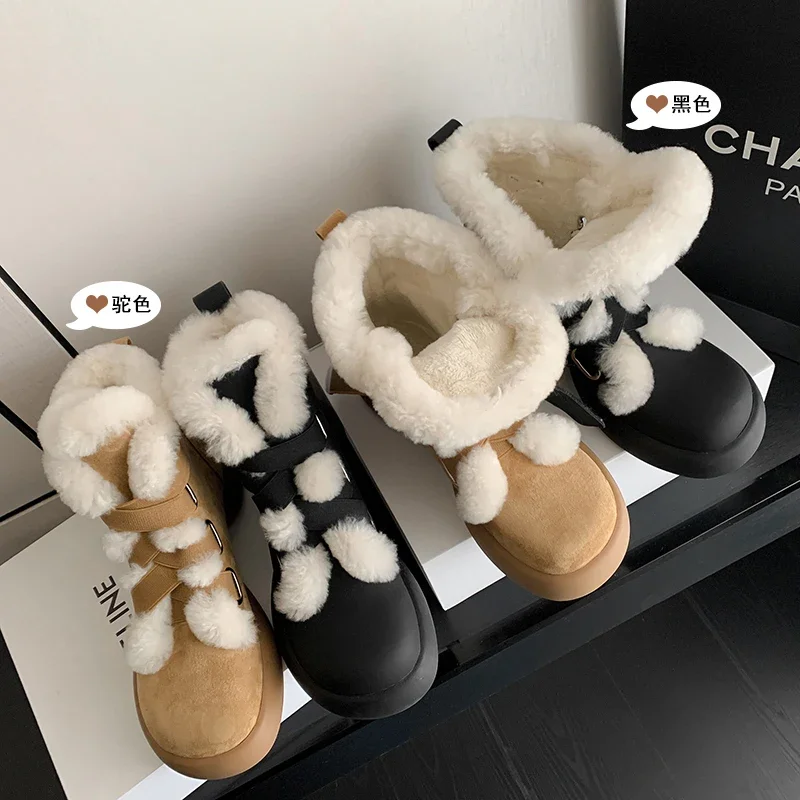 

2023 new winter warm shoes Women ankle boots 22-25cm cowhide+wool+plush modern boots snow boots Elastic band platform boots