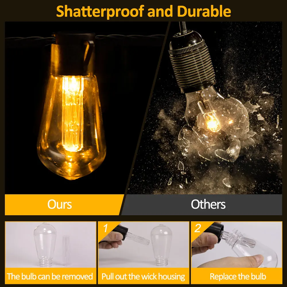 Solar String Lights Outdoor Waterproof,  10/30 Bulbs Shatterproof Bulbs Patio Lights With Remote 2 Lighting Modes LED Solar Pow 5