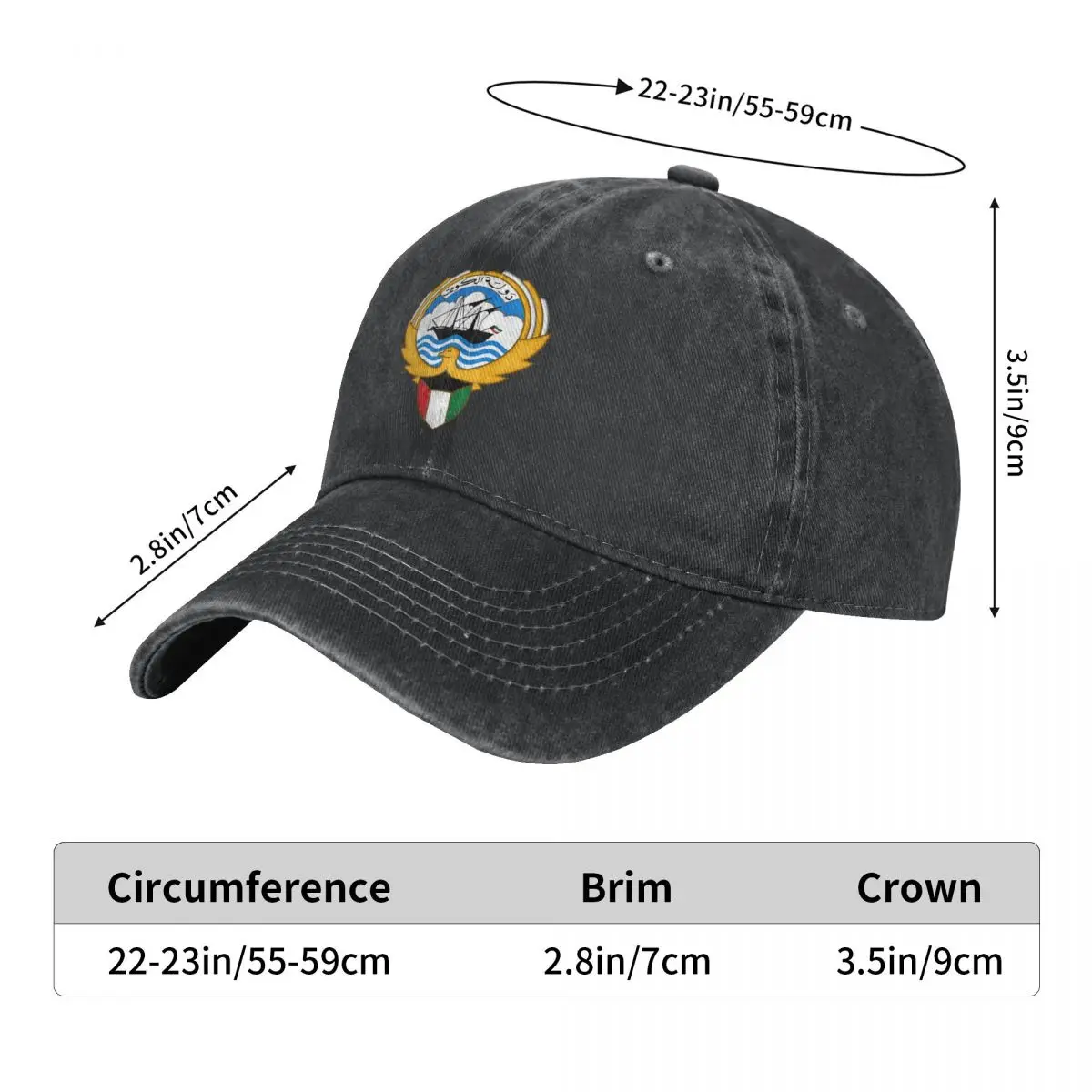 Men Baseball Cap Kuwait Emblem Charcoal Washed Denim Classic Vintage Cotton Dad Trucker Hat Unisex Adult