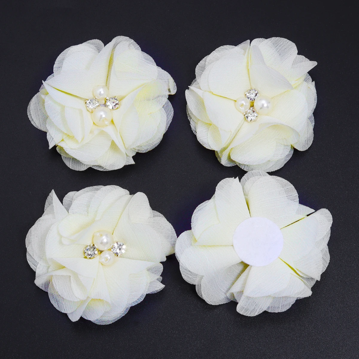 4 Stück Chiffon-Stoffblume, 6 cm, Imitationsperle, Strass, künstliche Blumen für Zuhause, Hochzeit, Party, DIY, Kleidung, Kopfbedeckung, Dekor – Detail 9