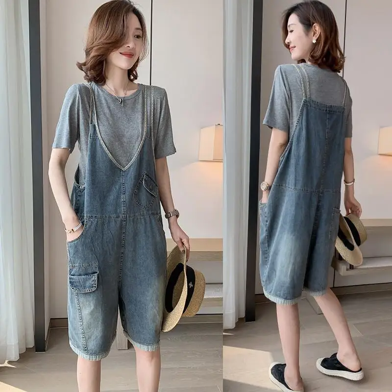 2023 Summer New Straight Pants Ladies Loose Cowboy Rompers Women Korean Style Thin Style Pockets Shorts Spring Loose Jumpsuits