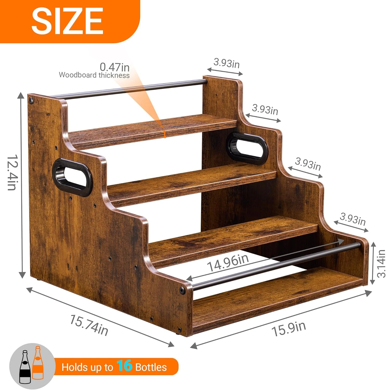 Liquor Bottle Display Shelf, Coffee Syrup Rack Organizer, 3 Step Countertop Liquor Wine Rack, mini bar,liquor cabinet, Home Retro Bar Shelf Stand for Liquor Whiskey, Spirits 3