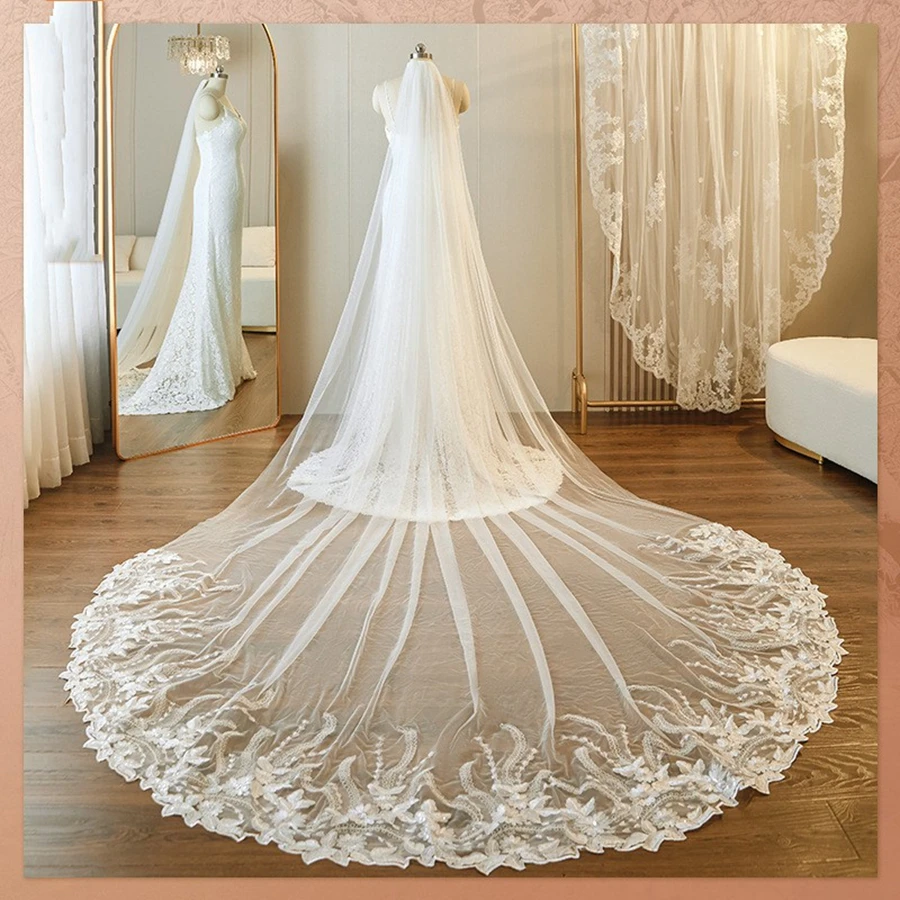 

Wholesale White Ivory Cathedral Wedding Veils Lace Appliques Boda accesorios fiesta Bride velo de novias Sexy Bridal Veil