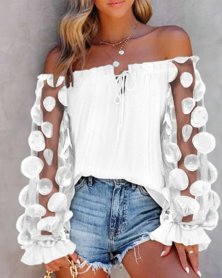 

Женские Элегантные блузки с цветочным узором, прозрачный сетчатый топ с оборками и подолом, Весенняя пикантная Повседневная футболка с открытыми плечами и длинными рукавами 2024