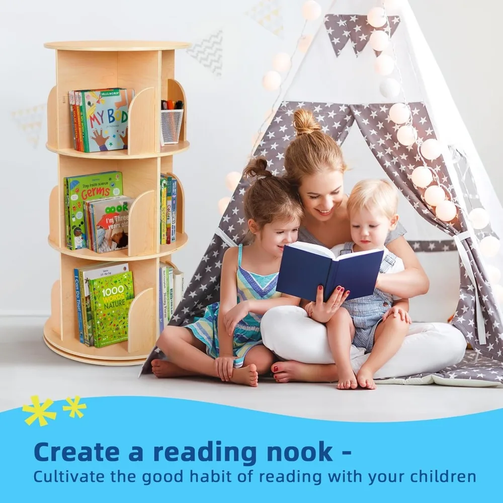 Kids Rotating Bookshelf, Small Corner Bookshelf for Small Space, 360° Display Floor Standing Bookshelf Storage Rack, Wood 6