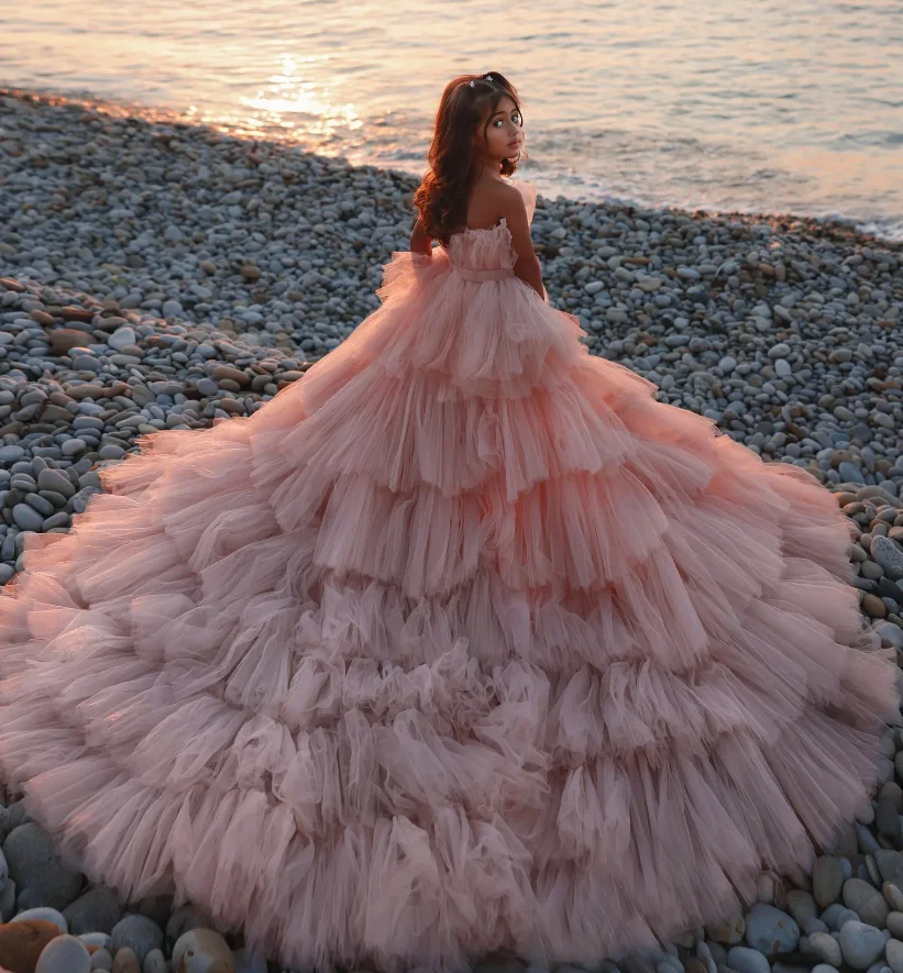 

Платья с высоким и низким цветочным рисунком для девочек, платья на свадьбу без бретелек с длинным шлейфом для вечеринки, пышные платья для принцессы, для фотосессии на день рождения