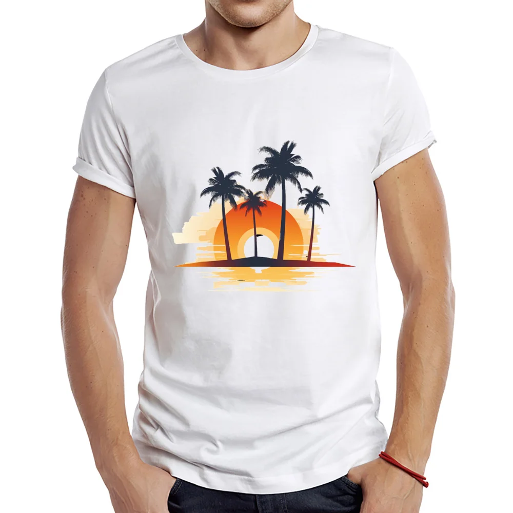 

2023 Men's New Beach Sunset Design Short Sleeve T-Shirt Cool Printed Tops Hipster Tee