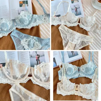 Ensemble soutien-gorge et culotte brodés pour femme lingerie grande taille ultra-fin armatures