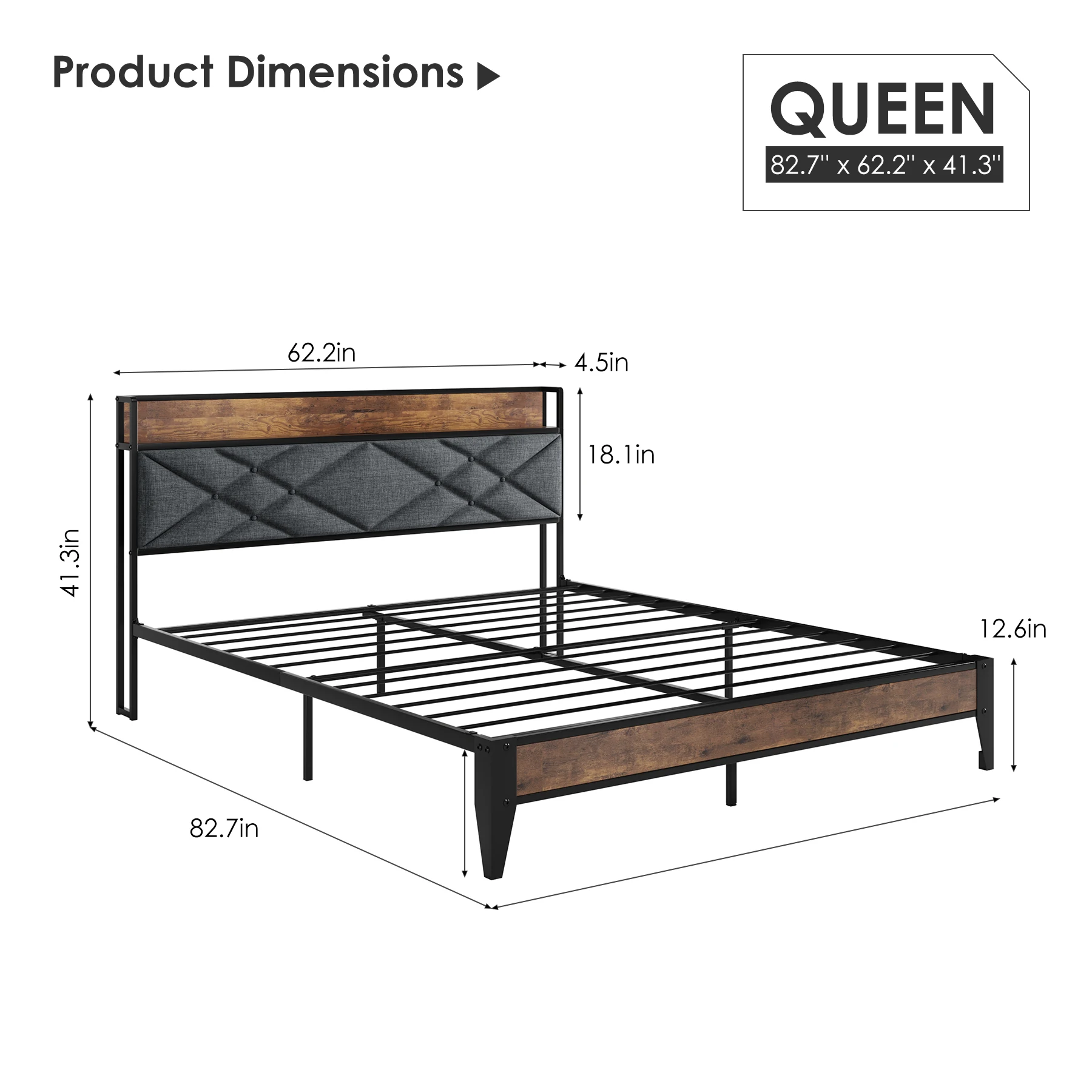 Full Size Bed Frame with Headboard - Grey Upholstered, Noise-Free Steel Slats Support No Box Spring Needed Easy Assembly Bed 5