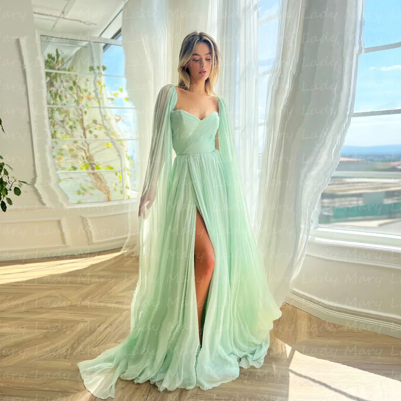 

2024 Mint Green Chiffon Prom Dresses Ruffle Split Formal Evening Gowns Long Cap Arabic Aso Ebi Met Gala Robe Vestido De Noche