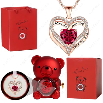 Red Heart Pendant Necklaces With Cute Bear Rose Gift Box For Women Mother Day 2026 Christmas Valentine Wedding Birthday Jewelry 1