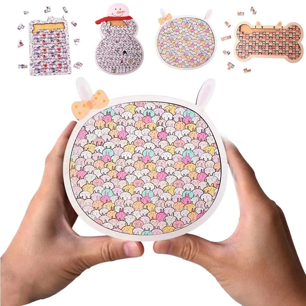 4 styles Wooden Puzzle Creative Gifts Stress Relief Puzzle Home Decor Rabbit Dog Snowman Cat Cartoon IQ Puzzles Jigsaw Toys