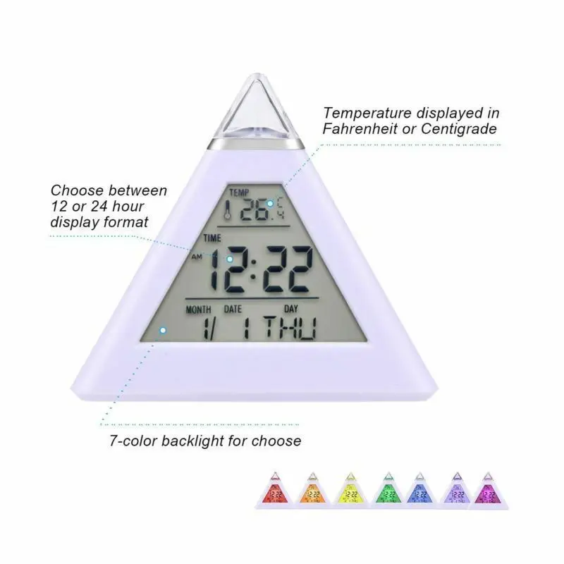 TrifyCore 7 Colori LED Che Cambia Forma di Piramide termometro del Calendario della Sveglia Digitale 3xAAA Bianco 