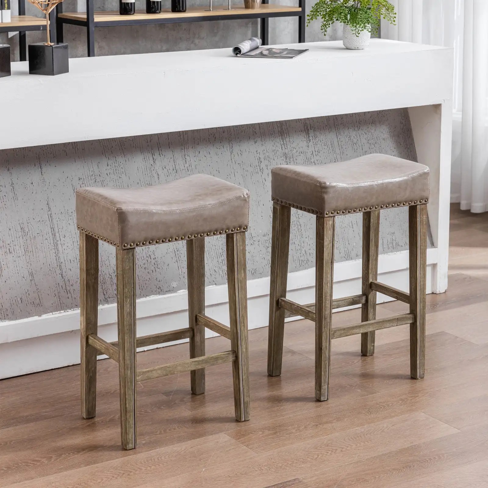 

Set of 2 Counter Height Bar Chairs 29" Barstool PU Leather Saddle Stools Gray