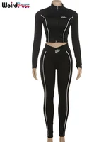 Weird Puss Casual 2 Piece Set Tracksuit Elastic Patchwork Stripe Tight Zip Crop Jacket+Leggings Matching Streetwear Sporty Suits - Image 6
