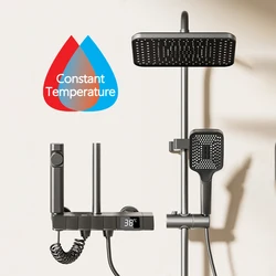 Gray Thermostatic Shower System Bathroom Piano Key Brass Rainfall Shower Faucet Set LED Digital Rain Pressure Bathtub Shower Set