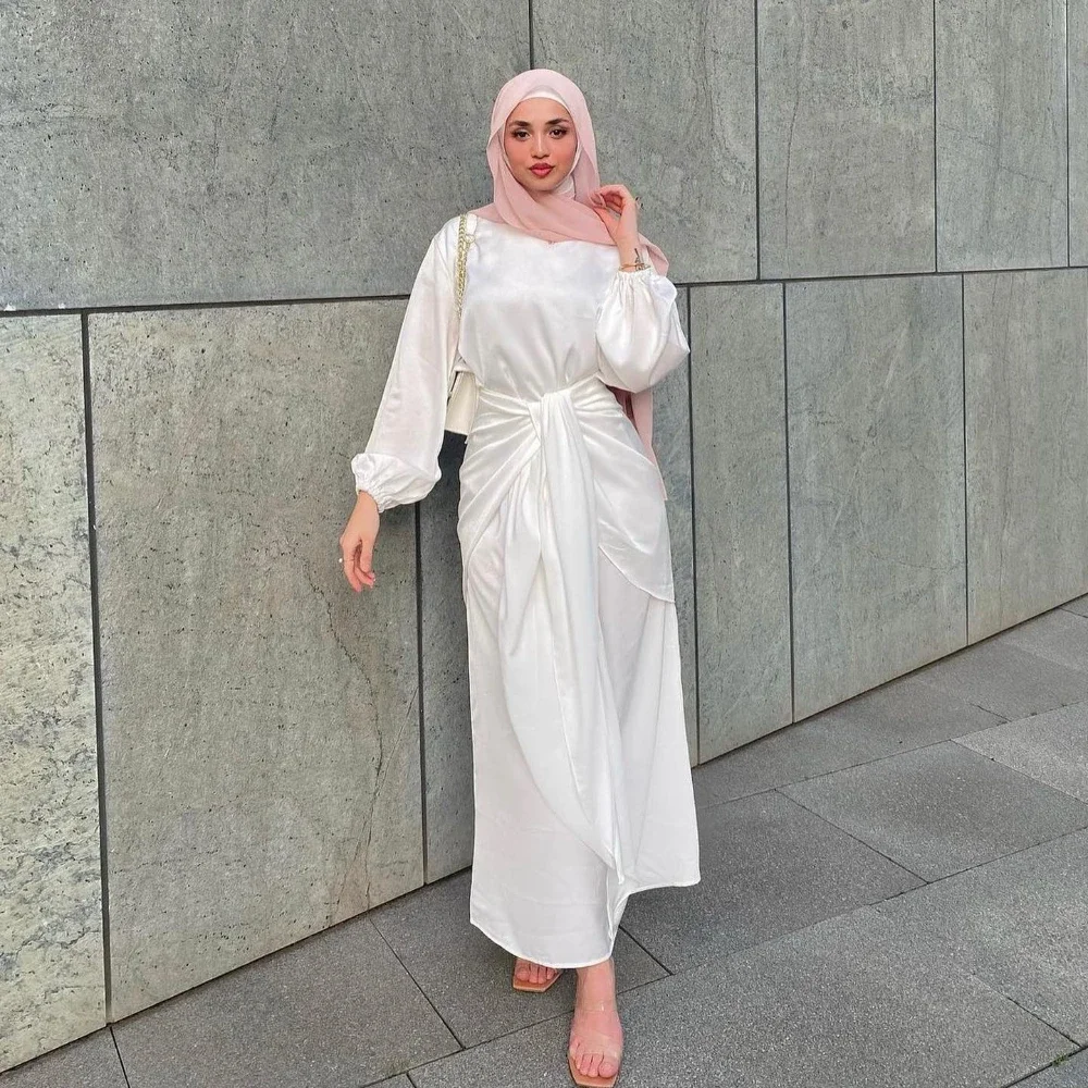 2 Piece Silky Satin Abaya Dress with Wrap Front Skirt Arabic Long Modest Dresses for Muslim Women Dubai Ramadan Islamic Clothing