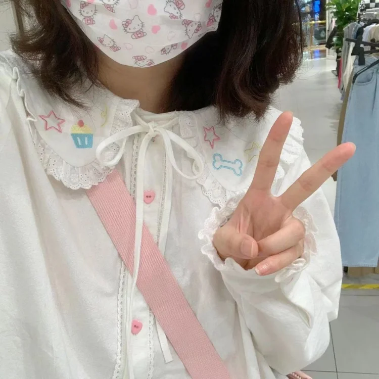 Sweet Kawaii 피터팬 칼라 레이스 셔츠 여성 봄 새로운 긴 소매 흰색 블라우스 모든 경기 스타 프린트 Bottoming Tops
