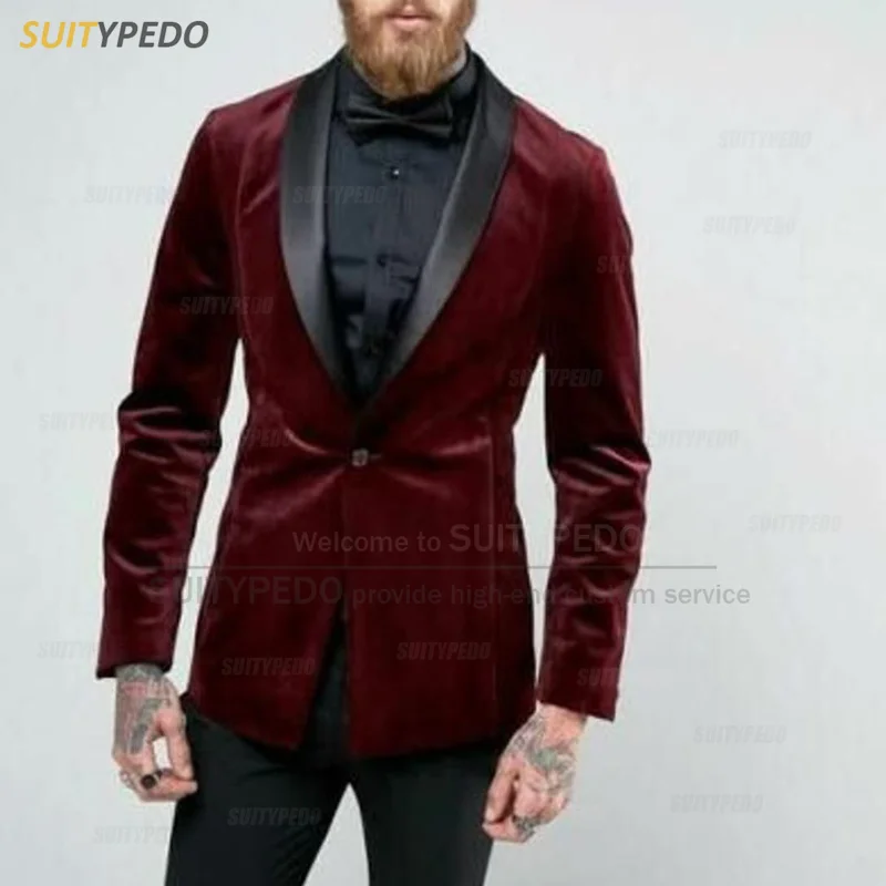 

Burgundy Velvet Blazers for Men Fashion Slim Fit Shawl Lapel Suit Jacket 2023 Luxury Prom Business Wedding Tuxedo Coat 1 Piece