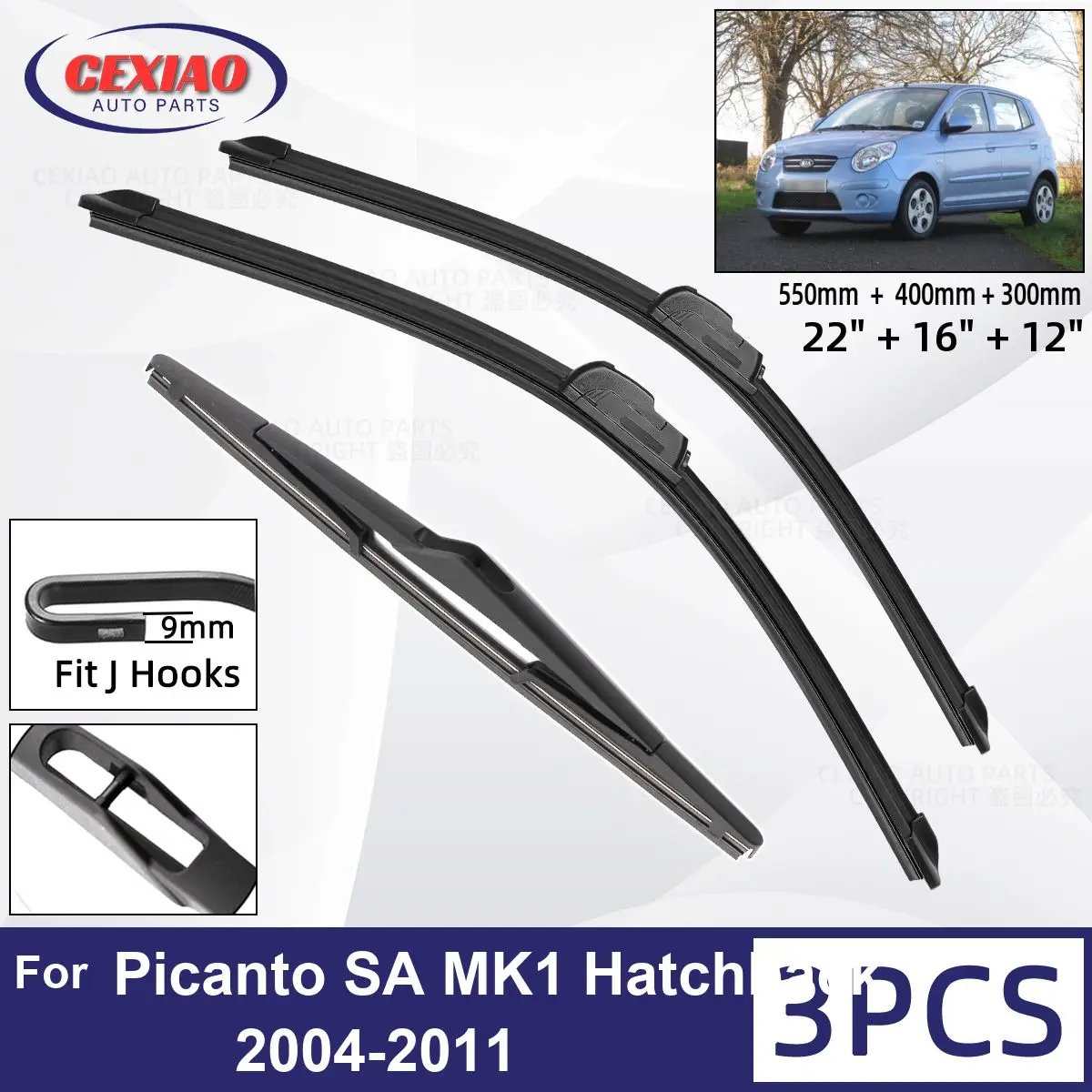 

For KIA Picanto SA MK1 Hatchback 2004-2011 Car Front Rear Wiper Blades Soft Rubber Windscreen Wipers Auto Windshield 22"+16"+12"