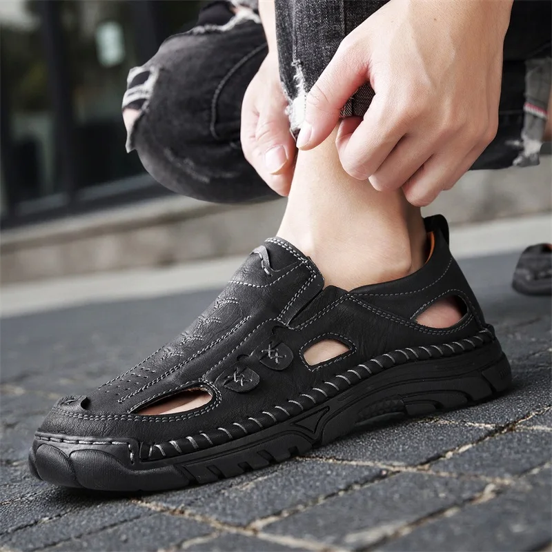 Fashion Men's Retro Casual Leather Vintage Sandals Comfortable Outdoor Walking Shoes Beach Flats Hollow Out Man Sneakers_vogvips.com