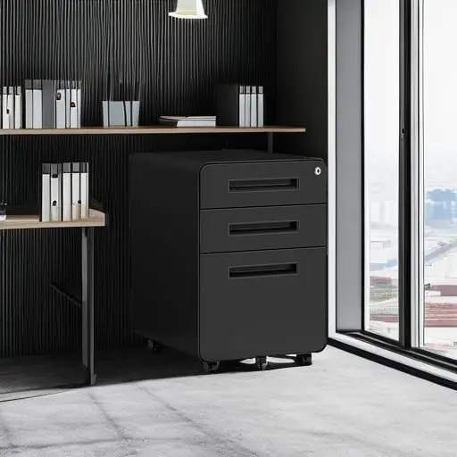 Mobile Filing Cabinet 3 Drawer, Rolling Small File Cabinet with Keys Under Desk, Modern Black Filing Cabinets