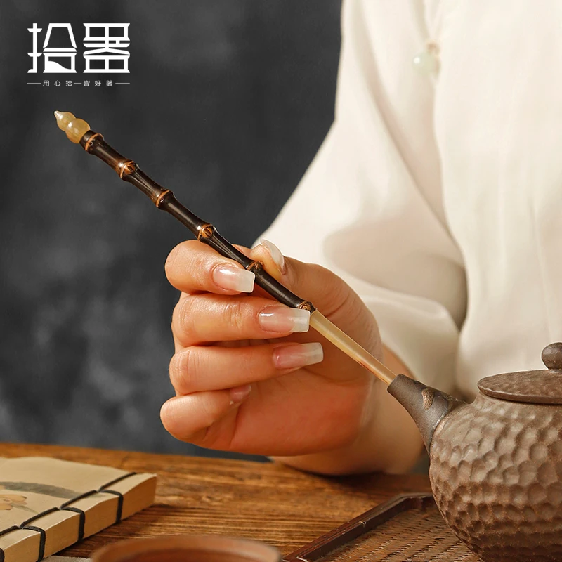 Handmade purple bamboo whip handle ox horn head tea pull tea needle hairpin scoop grilled ceremony six gentleman spa