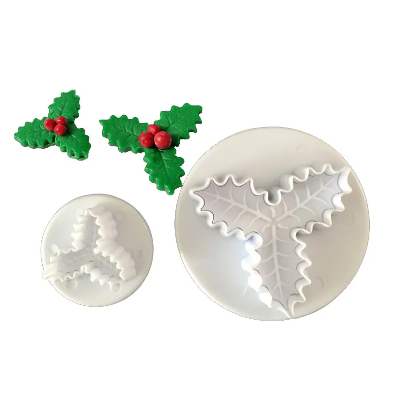 2PCS Plastic Cookies Biscuit Baking Craft Tool Holly Leaf Decor Sugarcraft Mold 