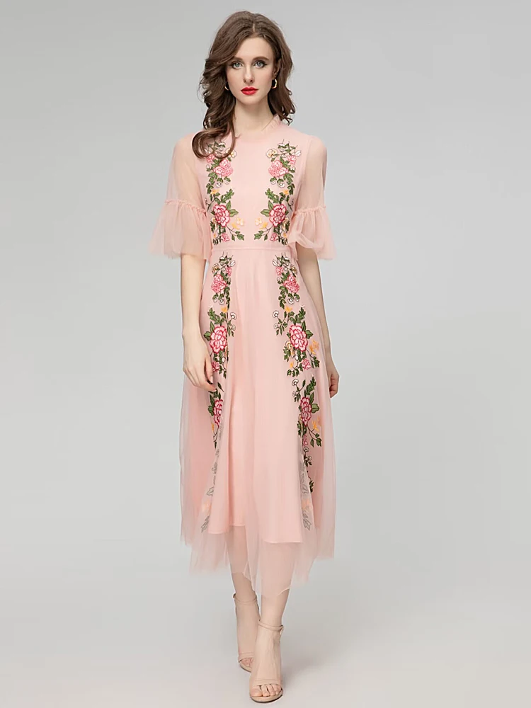 

Runway Ladies Summer New High Quality Fashion Party Embroidered Mesh Pink Flare Sleeve Chic Girls Casual Sweet Pretty Long Dress